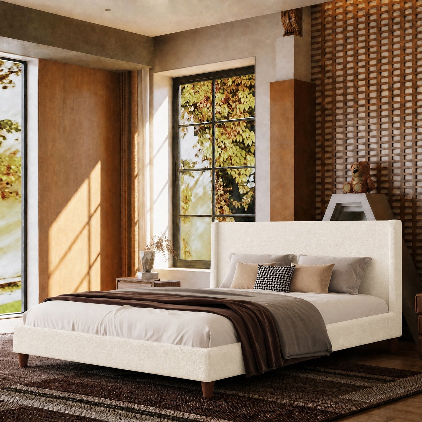 Queen Boucle Cloud Upholstered Bed Base,beige