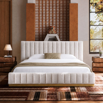 Medieval Minimal Vertical Channel Cloud Boucle Queen Bed Frame, Wood Base Trim