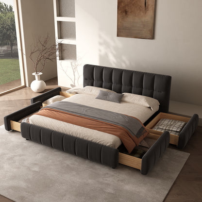 Queen Size Modern Cloud-Feel Bed Frame,With four drawers,Multi Color Beige/Green/Grey/Pink