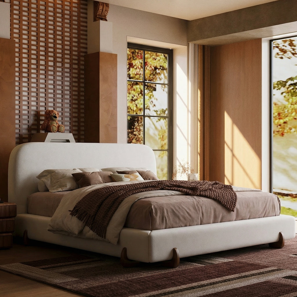 Cloud-Feel Bed– King Size, White Upholstered Platform Bed Frame with Soft Headboard & Wood Solid Legs, for Bedroom Apartment