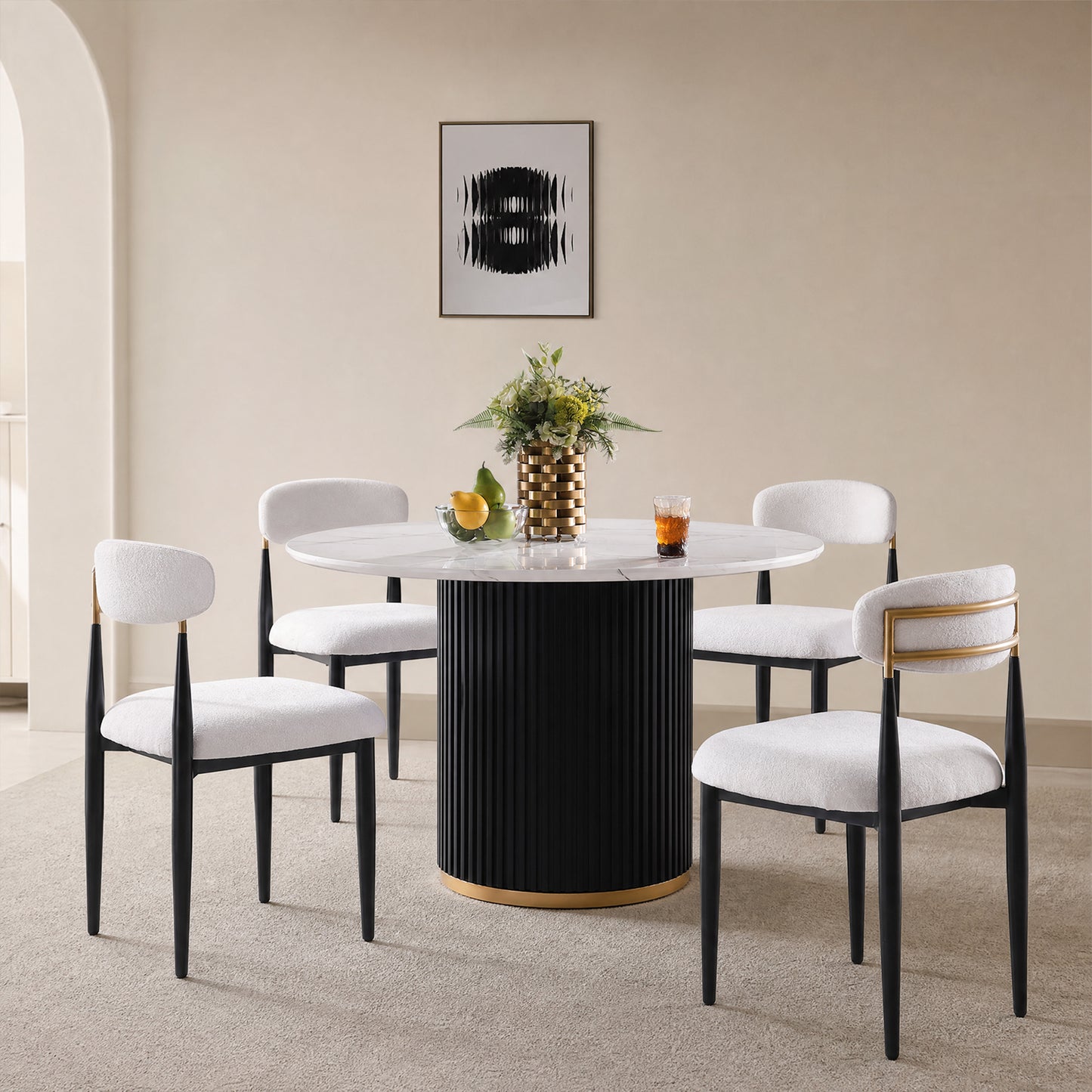 46 Inch Round Faux Marble Dining Table, Black Wave Metal Base with Gold Decoration - Accommodates 4 People for Kitchen & Dining Room