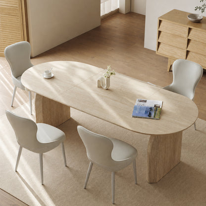 Wood Extendable Dining Table, Modern Oval Kitchen Table with Stylish Dual - Pillar Design