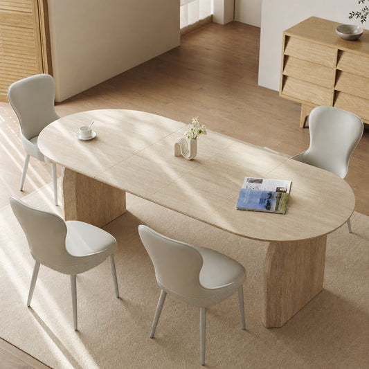Wood Extendable Dining Table, Modern Oval Kitchen Table with Stylish Dual - Pillar Design