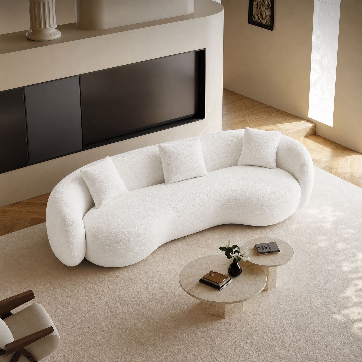 White Boucle Fabric 93.6" 3-Seater Sofa – Lounge Sleeper with Solid Wood Framem,No assembly required.