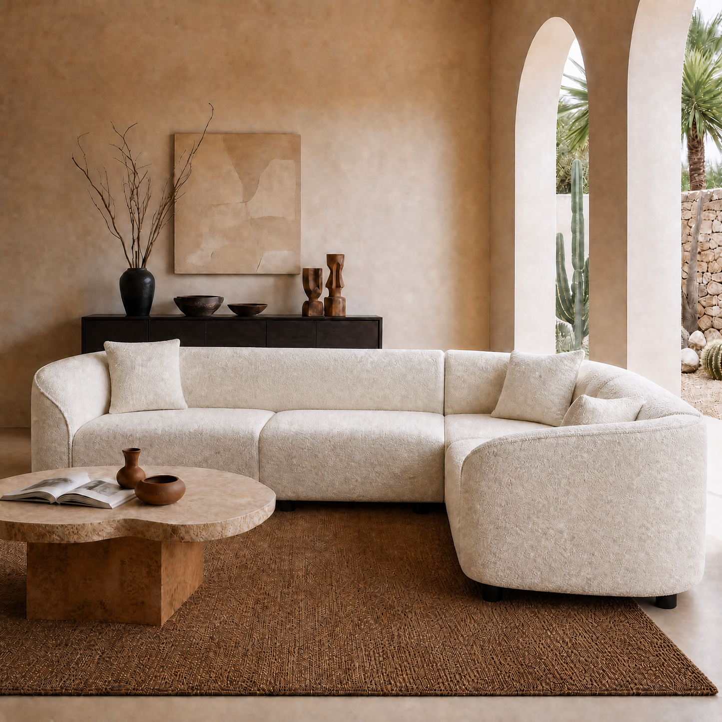 Modular curved L-shaped sectional sofa, white sheepskin cloud sofa with cushions, 2000-pound heavy-duty durable living room sofa, suitable for spacious living rooms or villas, easy to assemble