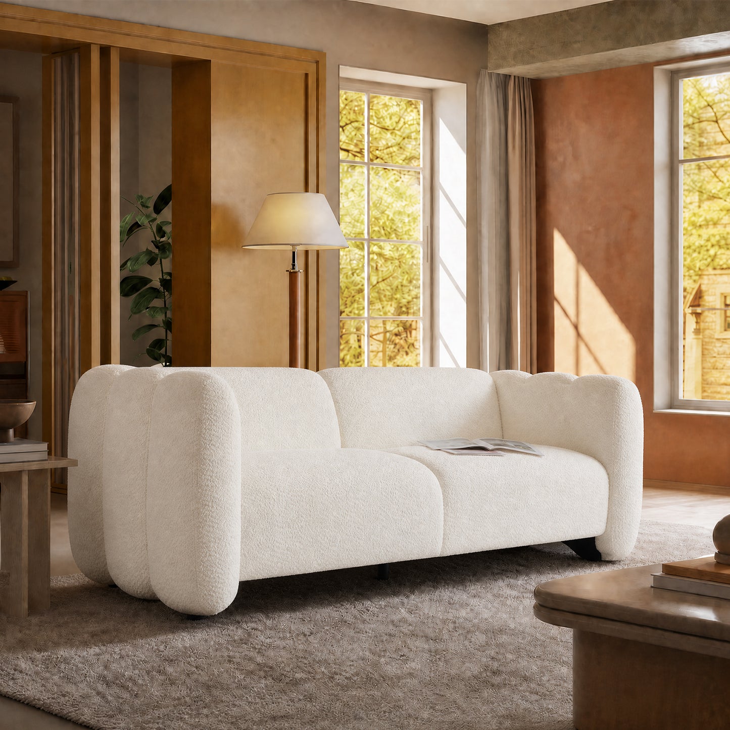 Modular minimalist armchair in cloud-like design, 83-inch cream lambskin fabric for 2-seater, high-load Vabassabi style villa sofa, capable of supporting 2000 pounds.