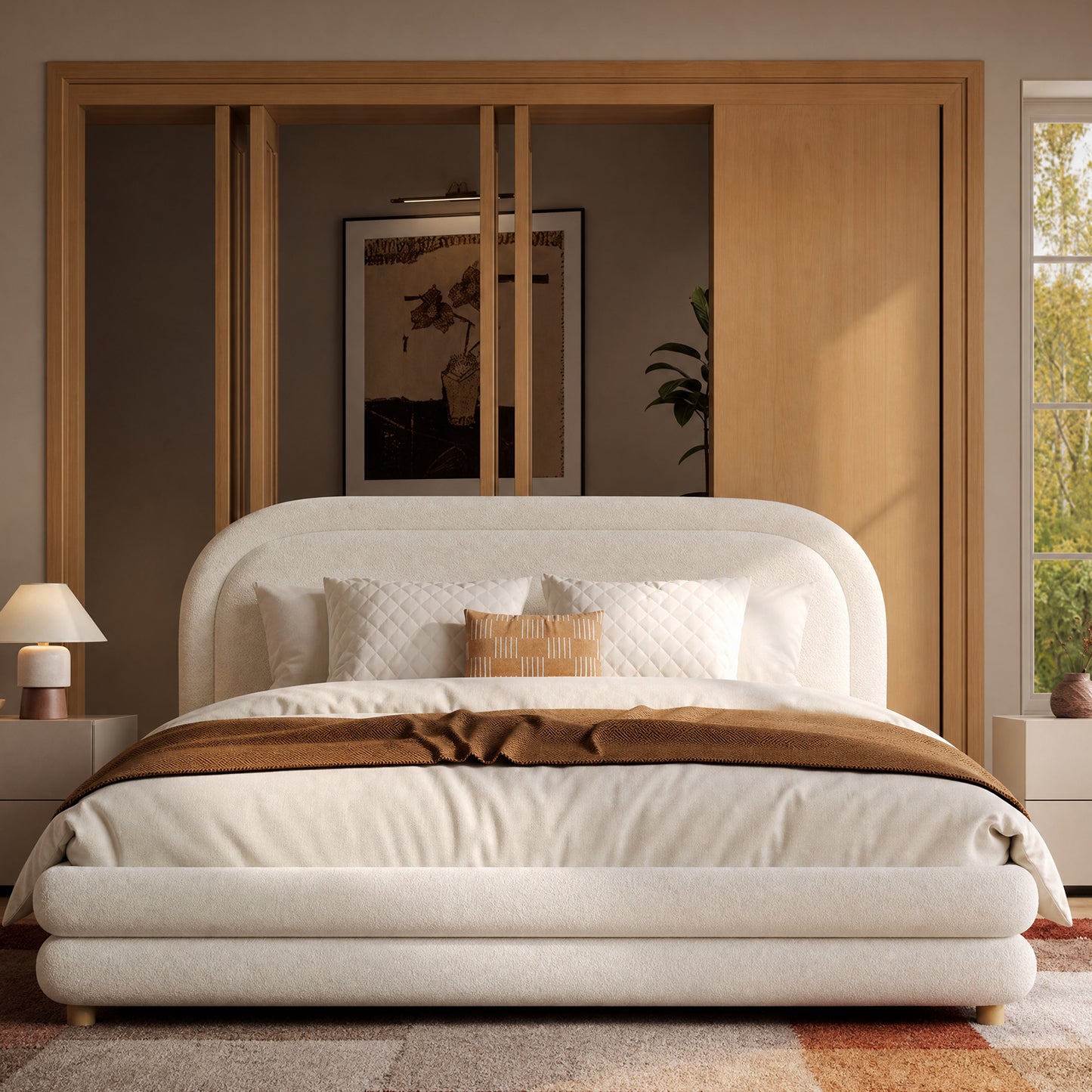 Neutral Minimal Curved Arch Dome Cloud Boucle Queen Bed Frame