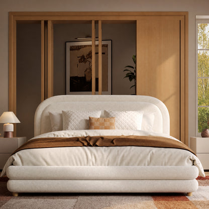Neutral Minimal Curved Arch Dome Cloud Boucle Queen Bed Frame