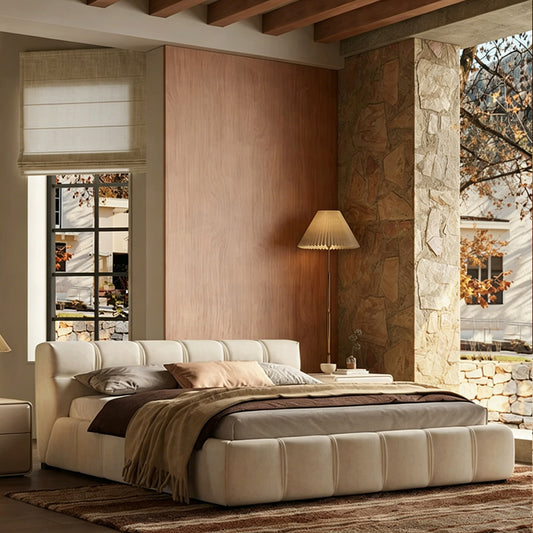 Queen Size Upholstered Bed Frame, Mid-Century Modern Cloud-Feel Bed