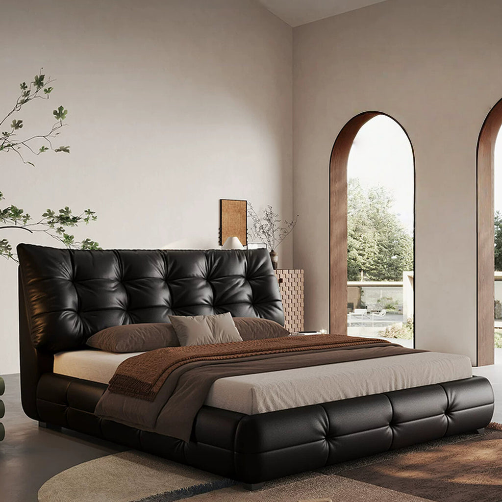 Modern Faux Leather Queen Size Platform Bed, Black Upholstered Platform Bed Frame with Sturdy Wood Slats Support, Noise-Free, Easy Assembly