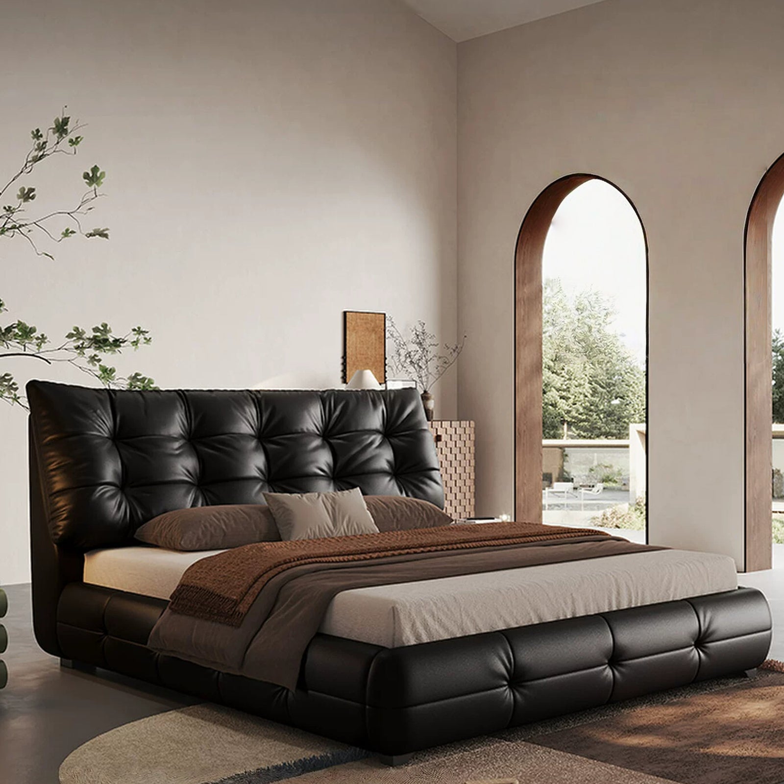 Modern Faux Leather Queen Size Platform Bed, Black Upholstered Platform Bed Frame with Sturdy Wood Slats Support, Noise-Free, Easy Assembly