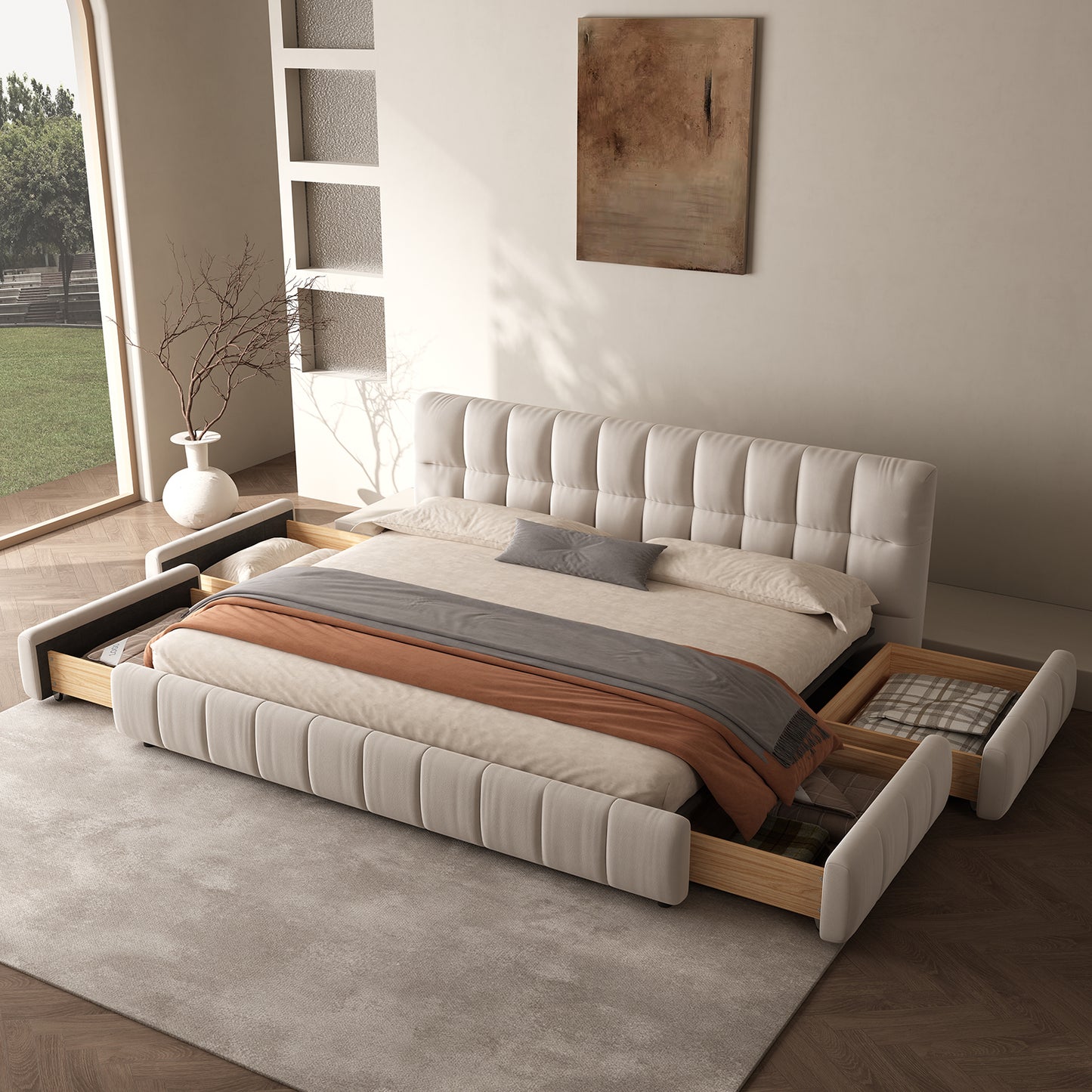 Queen Size Modern Cloud-Feel Bed Frame,With four drawers,Multi Color Beige/Green/Grey/Pink