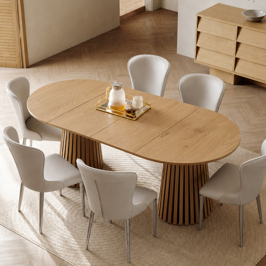 Extendable 39.37inch-70.87inch Wooden Dining Table, Fashionable Oval Design and Slatted Table Legs