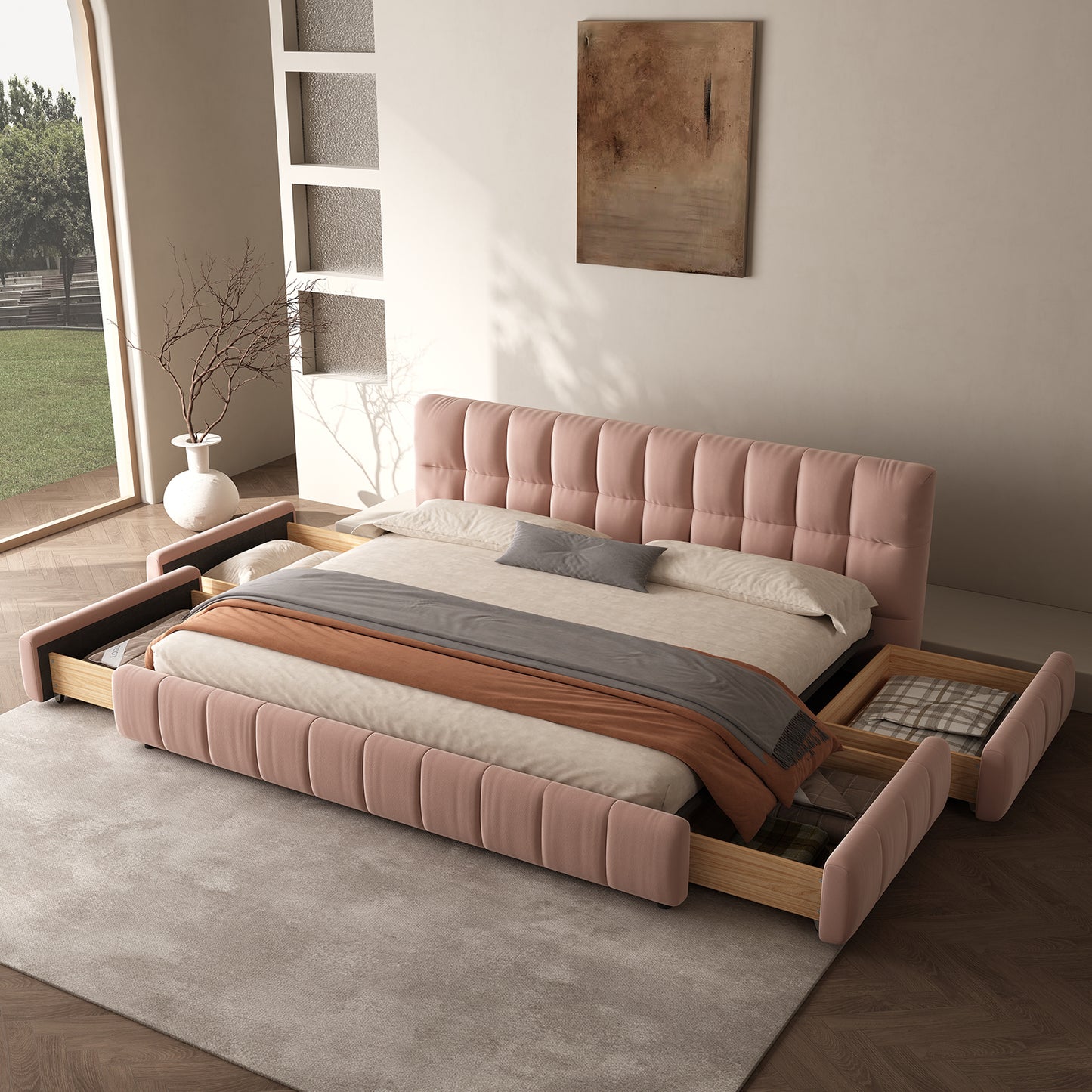 Queen Size Modern Cloud-Feel Bed Frame,With four drawers,Multi Color Beige/Green/Grey/Pink