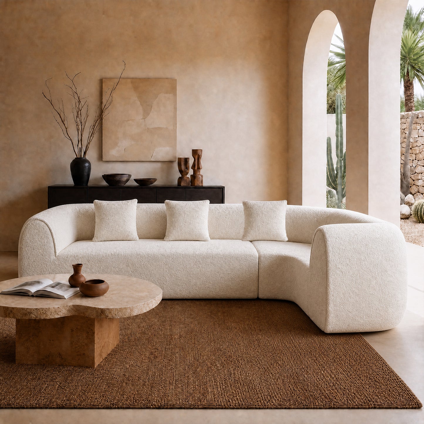 110.2-inch white modular L-shaped sofa - fabric circular design, lounge chair, with three throw pillows, with a load capacity of 2000 pounds