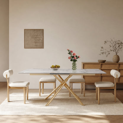 59-inch Modern rectangle Expandable Dining Table , Sintered Stone Top & Golden Carbon Steel X-Base