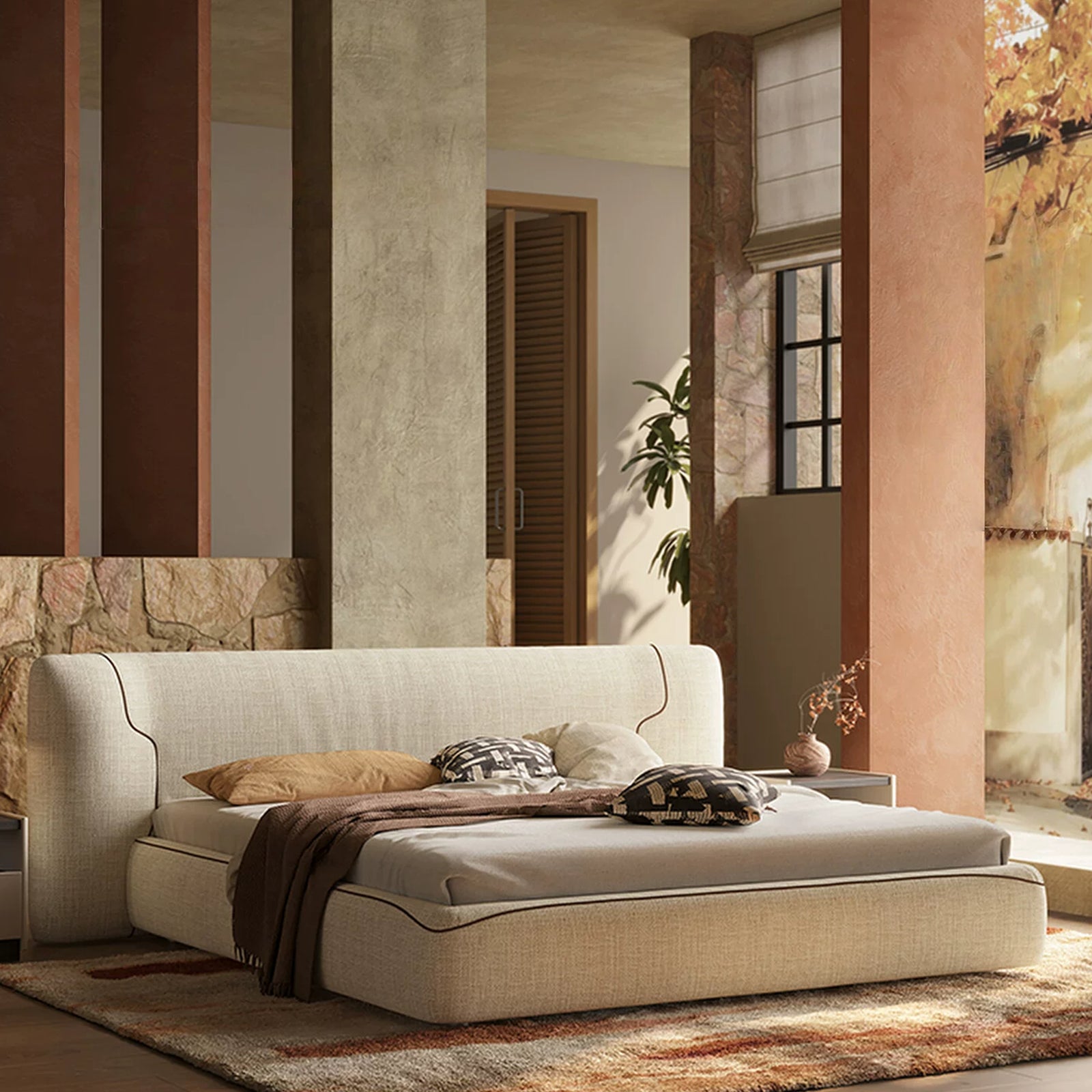 Queen Size Upholstered Platform Bed Frame with Extra-Wide Wingback Headboard, Sturdy Wooden Slats Low Profile for Bedroom