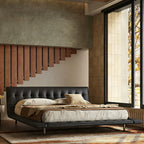 Queen Size Black Faux Leather Bed Frame, Minimalist Floating Platform Bed, Modern Luxury Tufted Upholstered Bed with Low Profile Headboard, No Box Spring Needed