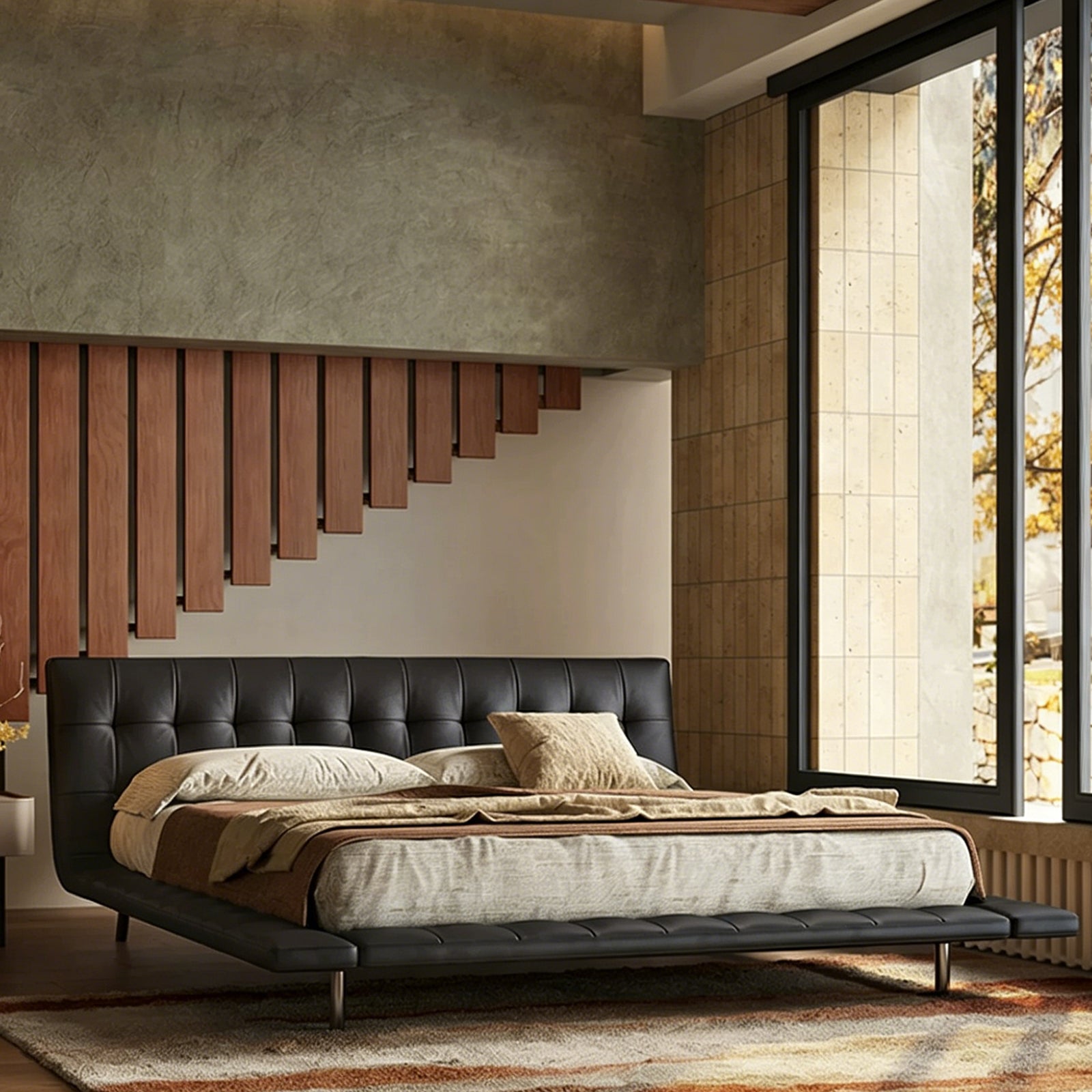 Queen Size Black Faux Leather Bed Frame, Minimalist Floating Platform Bed, Modern Luxury Tufted Upholstered Bed with Low Profile Headboard, No Box Spring Needed