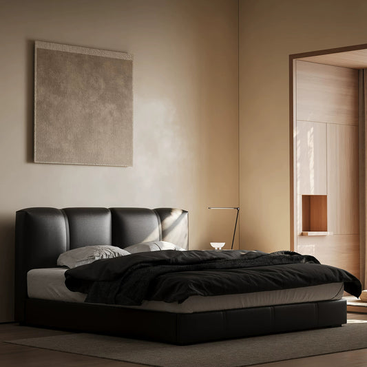 Queen Size Contemporary Faux Leather Upholstered Bed Frame, Luxury Black Platform Bed with Curved Soft Headboard