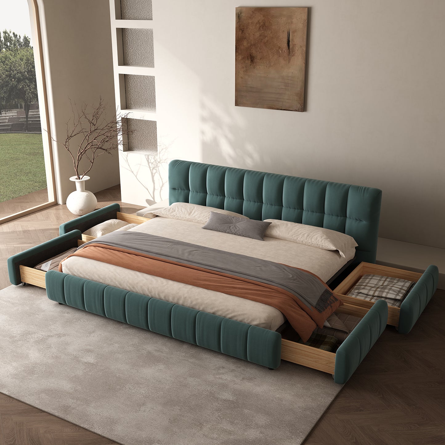 Queen Size Modern Cloud-Feel Bed Frame,With four drawers,Multi Color Beige/Green/Grey/Pink