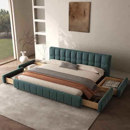 Queen Size Modern Cloud-Feel Bed Frame,With four drawers,Multi Color Beige/Green/Grey/Pink