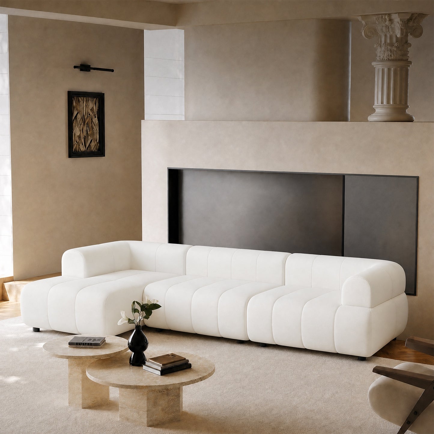 122-inch white wave modular L-shaped sofa, plush curved corner cloud sofa with armrests, with a load capacity of 2000 pounds, modern minimalist style