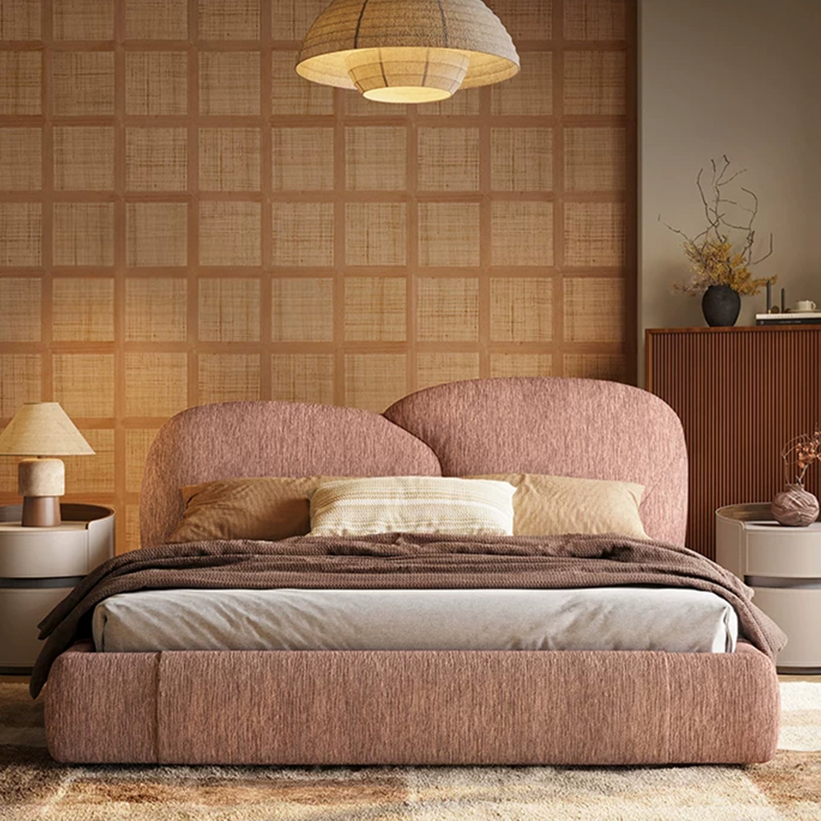 Queen Size Upholstered Platform Bed Frame with Curved Headboard, Modern Chenille Fabric Bed, No Box Spring Needed