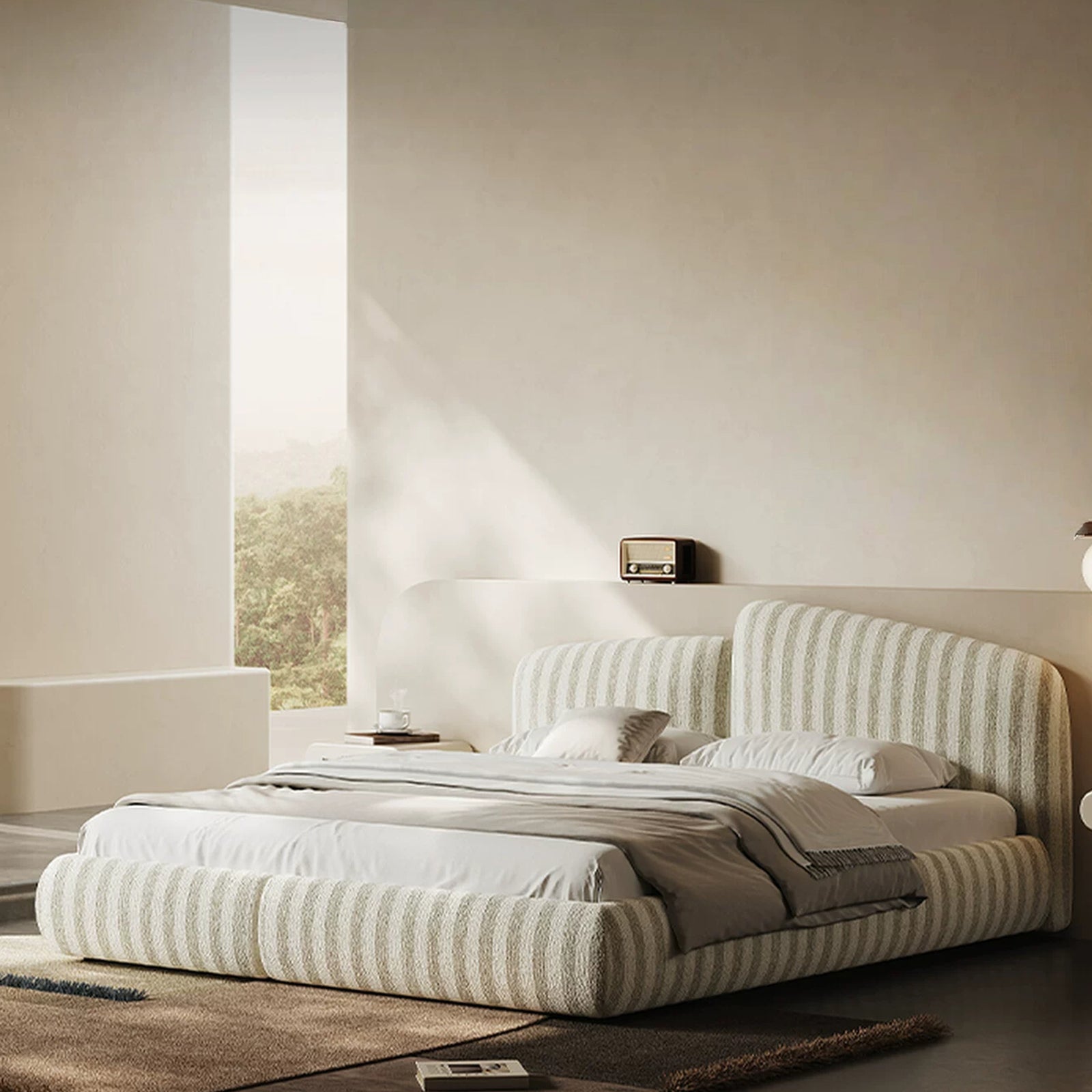 Queen Size Bed Frame, Upholstered Cloud-Feel Platform Beds Frames with Headboard, Anti-Collision Soft Rounded Corners Footboard, No Box Spring Required, Easy Assembly