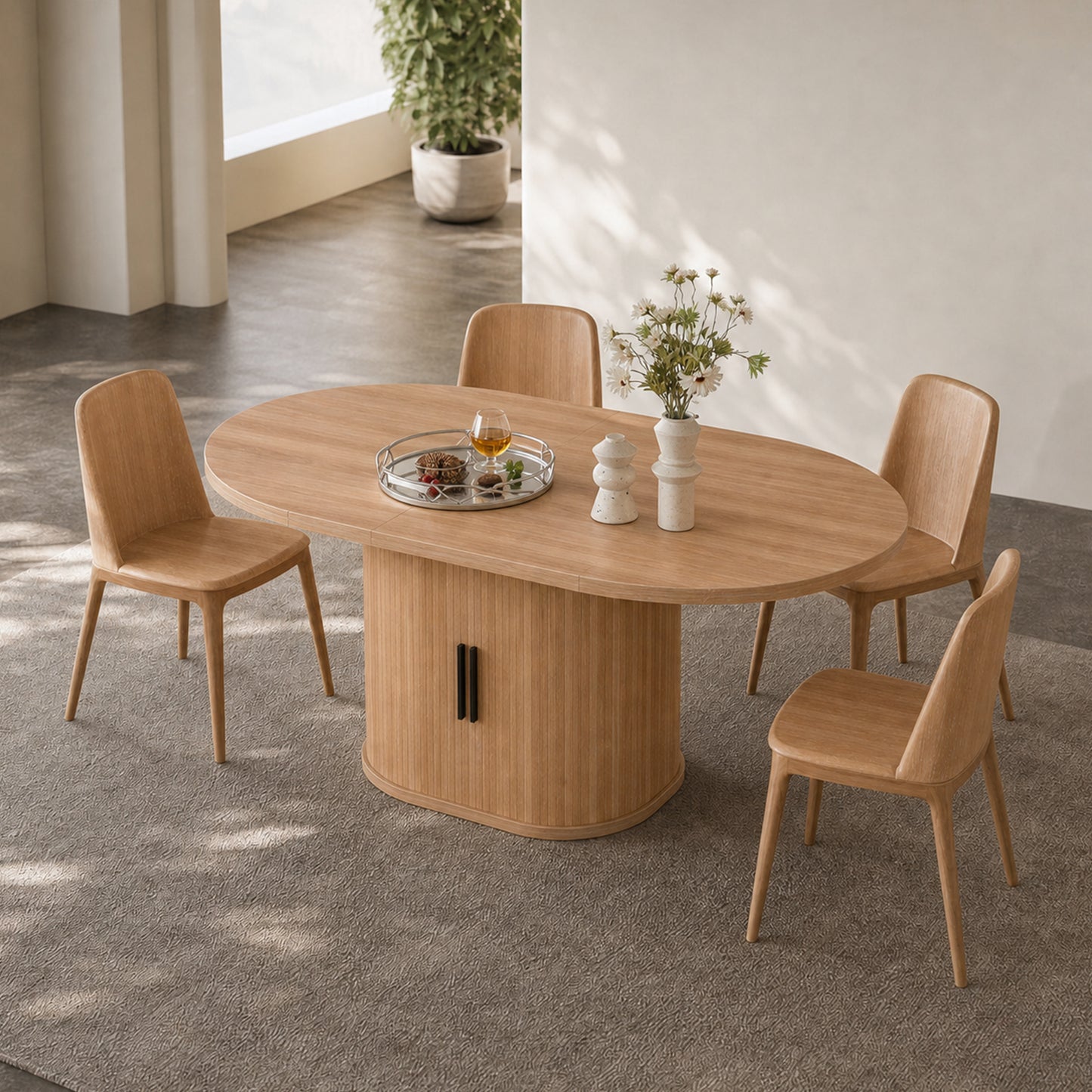 59 Inch Oval Dining Table  with 2-Layer Storage Shelf and Wood Slide Door