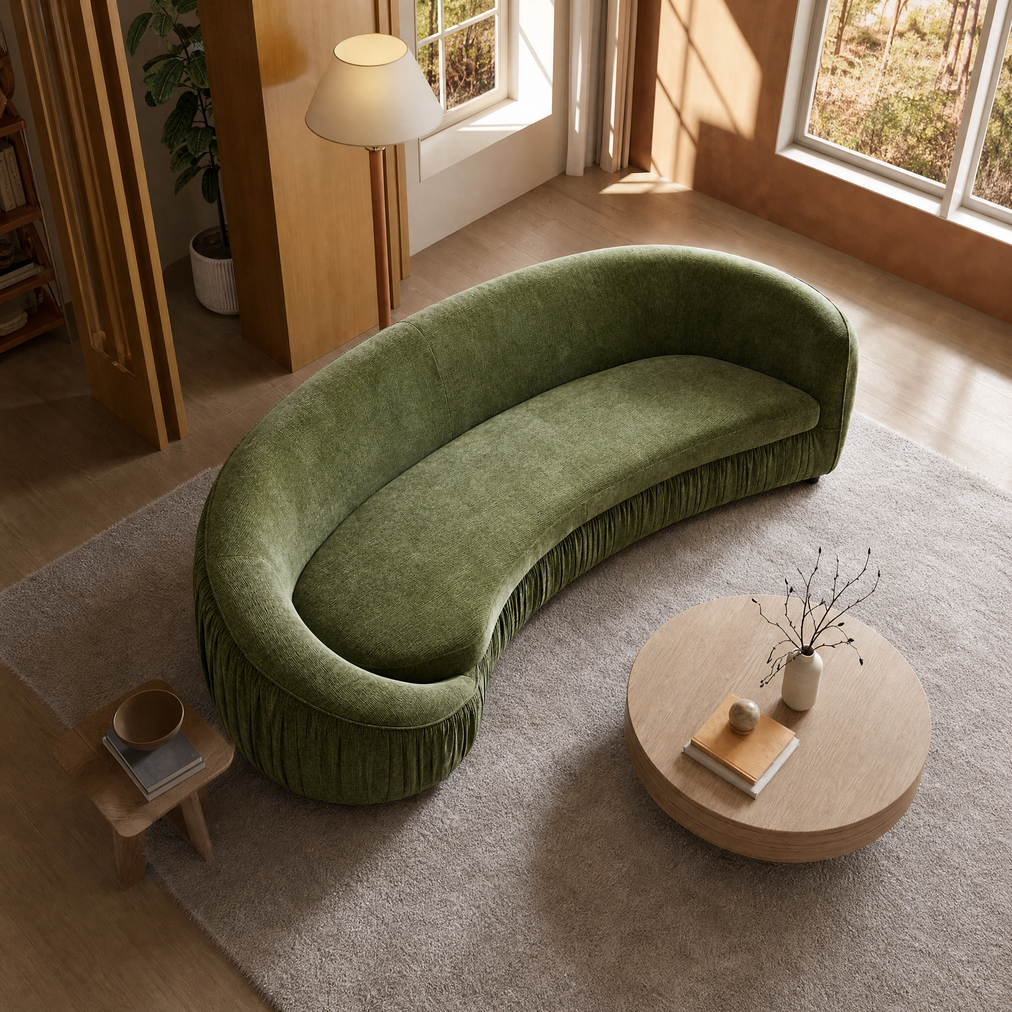 92.12-inch curved green sofa, equipped with two cushions, with a velvet fabric and wooden frame, capable of supporting 2000 pounds, a modern and luxurious curved sofa, suitable for living rooms and apartments.