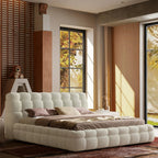 Queen Size Boucle Bed Frame, Modern Cloud-Feel Bed with Tufted Headboard, White Teddy Fleece Upholstered Platform Bed, No Box Spring Needed