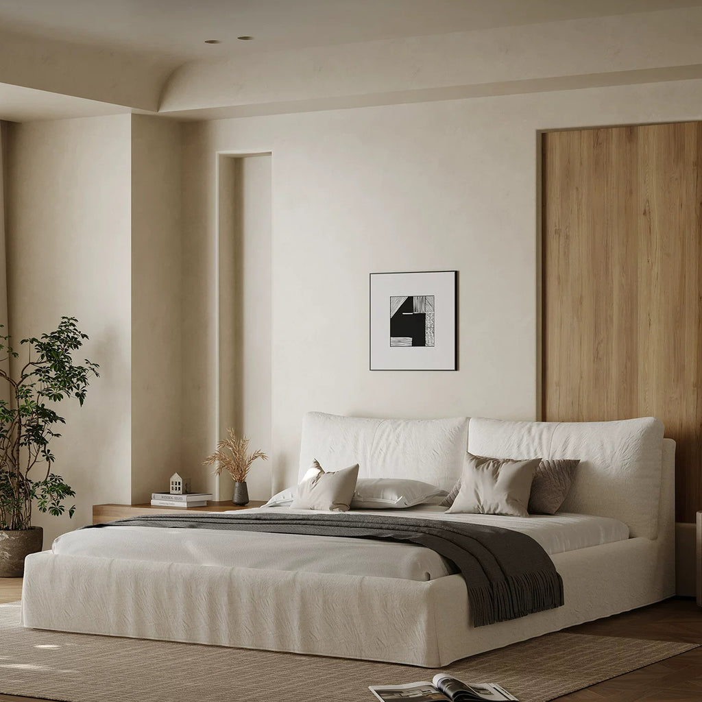 Queen Size Linen Bed Frame, Upholstered Platform Bed with Thick Removable Headboard & Rounded Corners, No Box Spring Needed, Easy Assembly, White