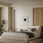Queen Size Linen Bed Frame, Upholstered Platform Bed with Thick Removable Headboard & Rounded Corners, No Box Spring Needed, Easy Assembly, White