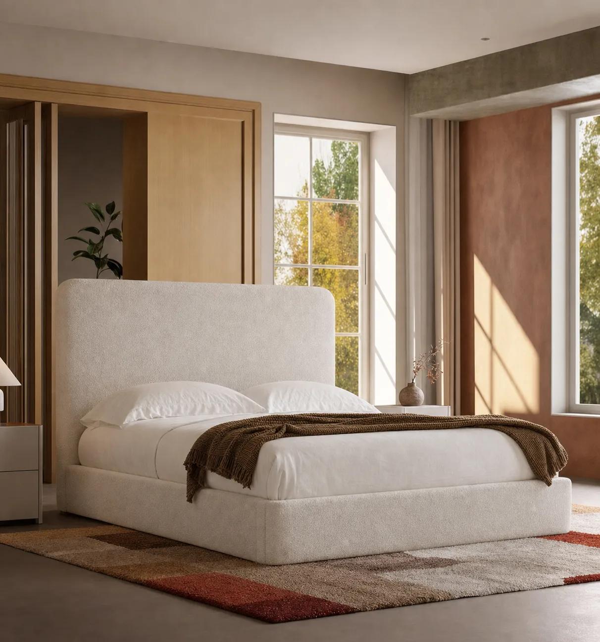 52" Tall Curved Chenille Silent Platform King Bed