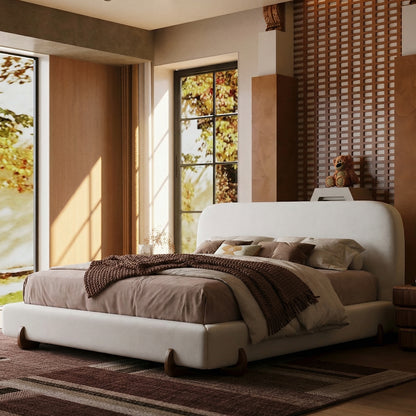 Boucle Cloud-Feel Bed– King Size,  Wood Solid Legs