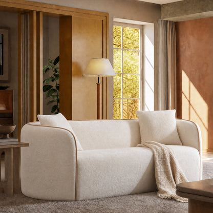 82-inch white lambskin 2-seater row sofa, curved armrest, minimalist style fabric sofa, 2000-pound high load-bearing, small-sized minimalist cloud-shaped sofa, no assembly required
