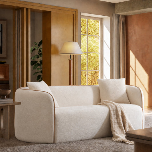 82-inch white lambskin 2-seater row sofa, curved armrest, minimalist style fabric sofa, 2000-pound high load-bearing, small-sized minimalist cloud-shaped sofa, no assembly required
