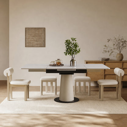 Retractable Rock Slab Folding Dining Table, Modern Square Expandable Table with Leather-Wrapped Stainless Steel Base