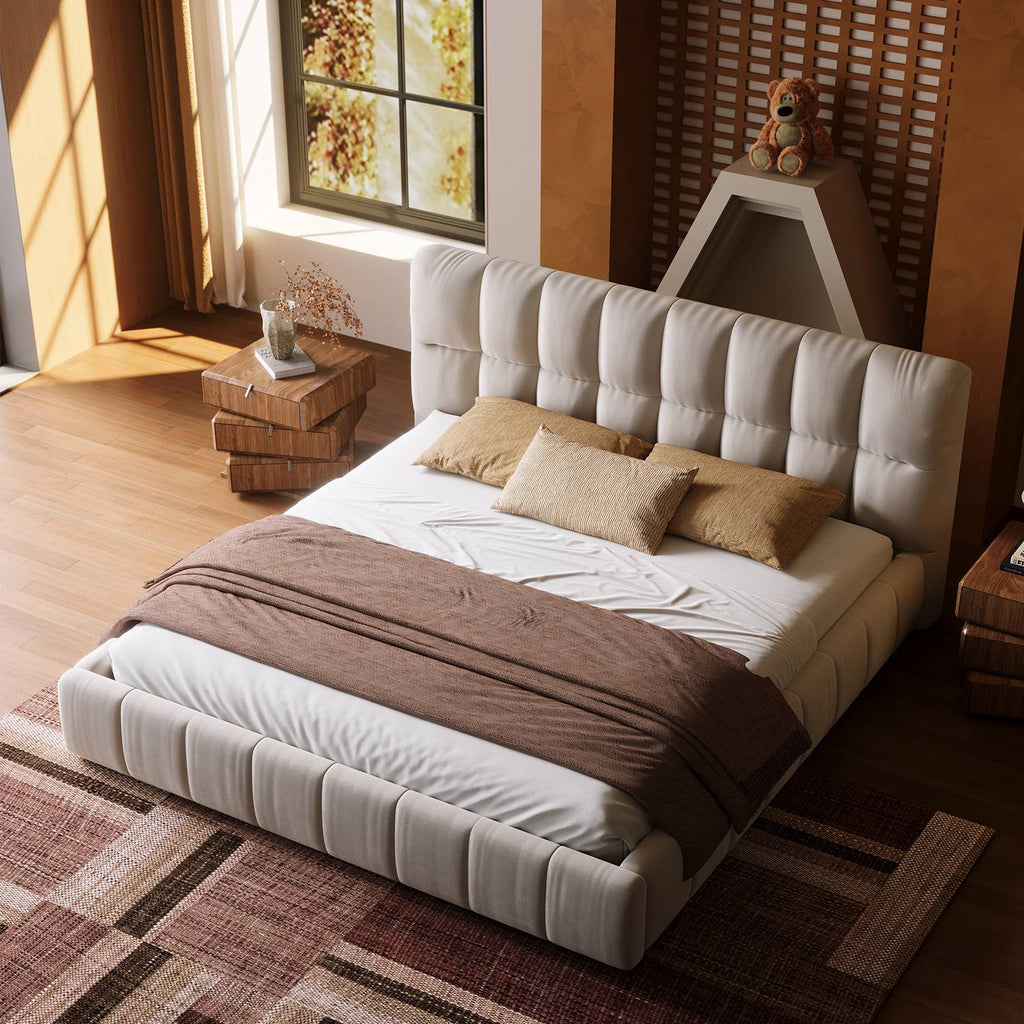 Queen Size Modern Cloud-Feel Bed Frame, 38.5" Tall Cream Upholstered Platform Bed with Thick Soft Headboard & Footboard for Bedroom Apartment