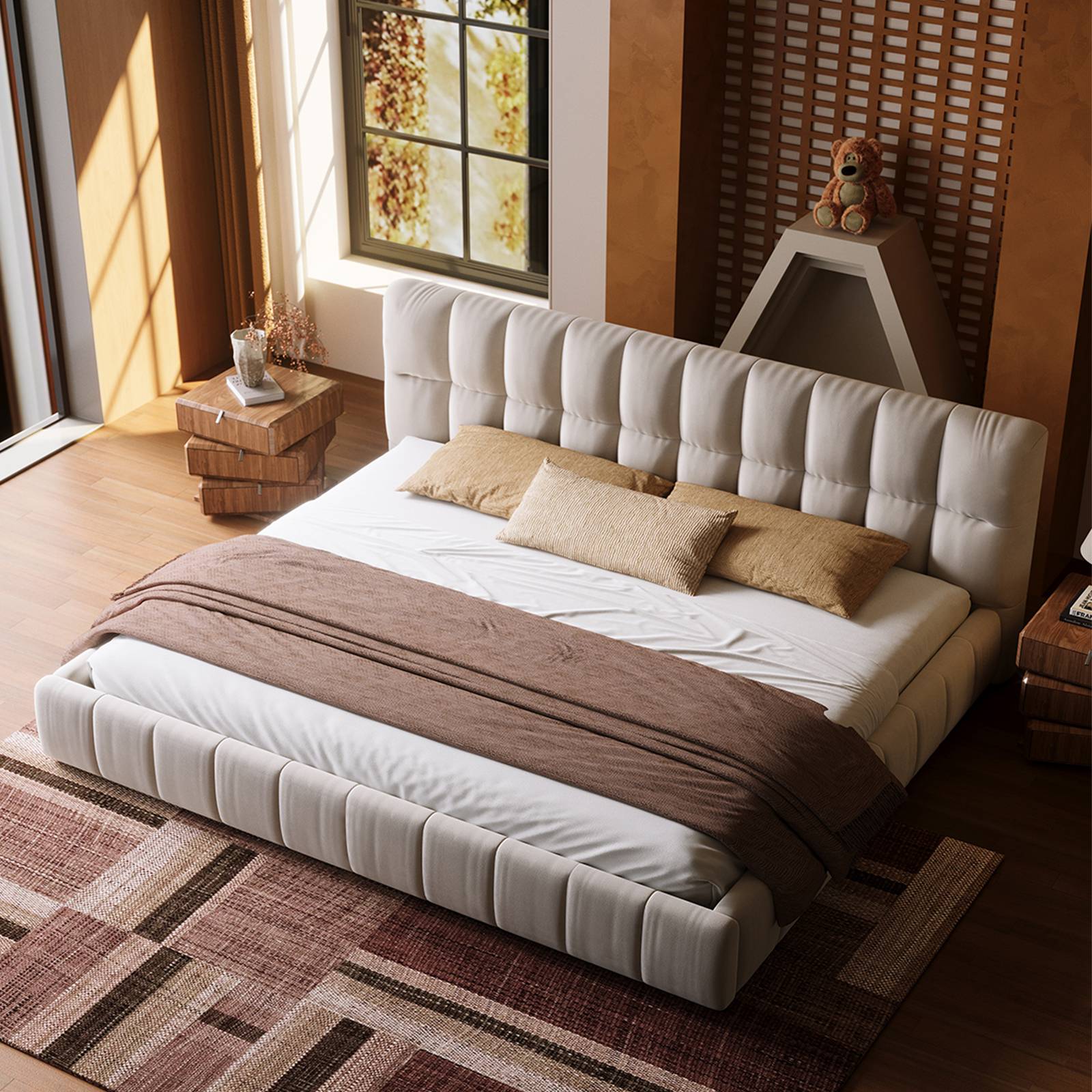 Queen Size Modern Cloud-Feel Bed Frame, 38.5" Tall Cream Upholstered Platform Bed with Thick Soft Headboard & Footboard for Bedroom Apartment