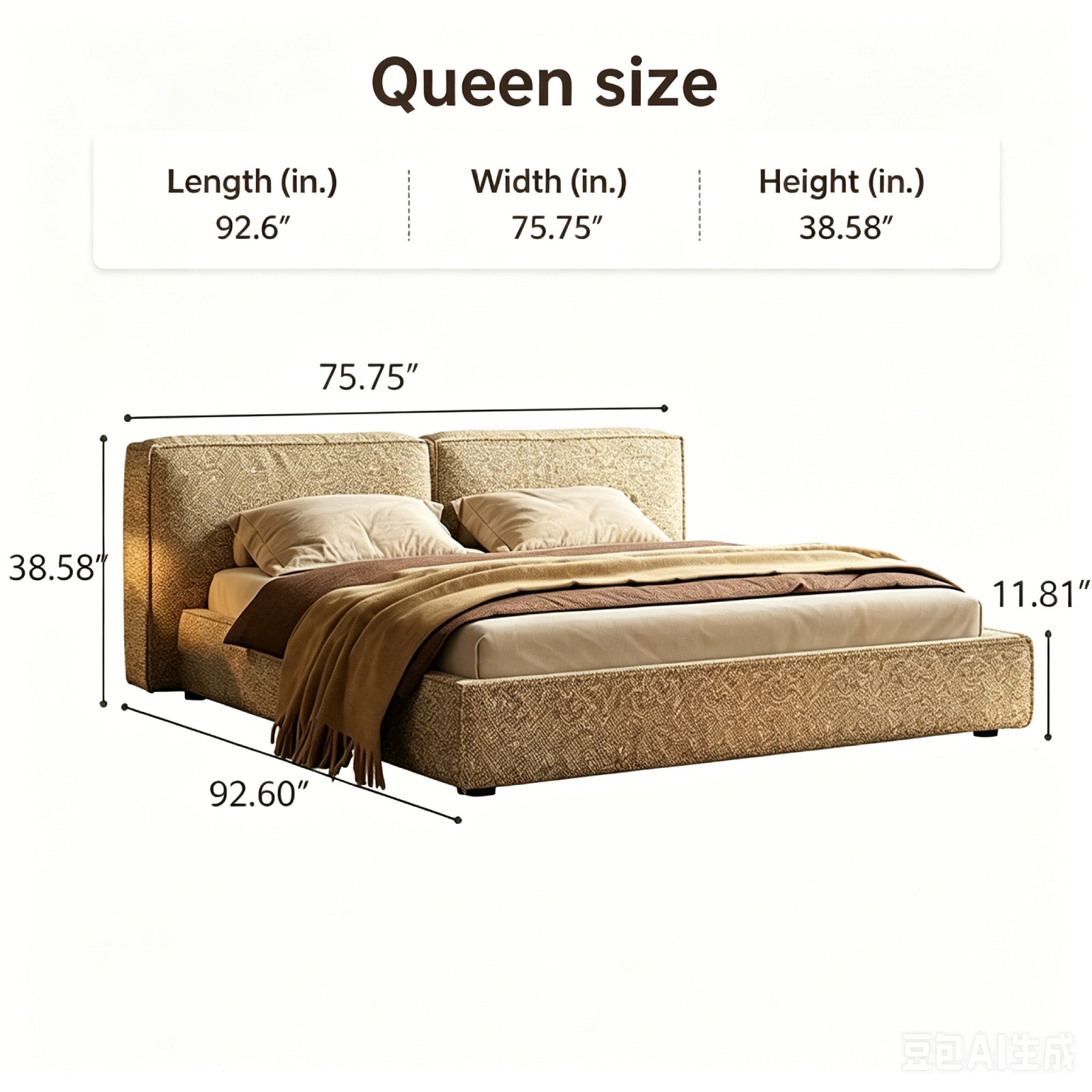 Queen Size Linen Upholstered Platform Bed Frame, Modern Style Cloud-Feel Bed with Low Profile Headboard, No Box Spring Needed, Beige