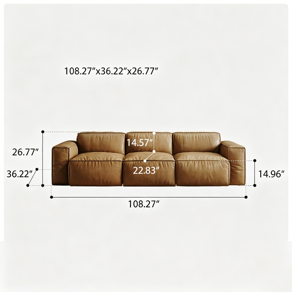 air Leather 3 Piece Sofa in Camel - Faux Leather 3 Seater Couch - Comfy Mid Century Modern Sofa for Living Room, Apartment