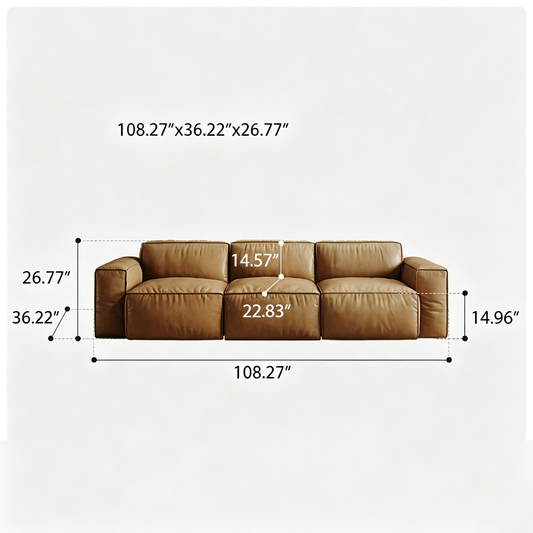 air Leather 3 Piece Sofa in Camel - Faux Leather 3 Seater Couch - Comfy Mid Century Modern Sofa for Living Room, Apartment
