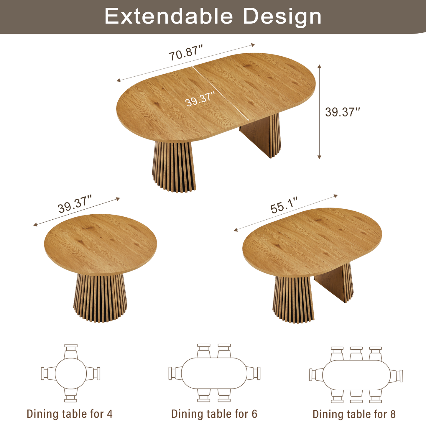Extendable 39.37inch-70.87inch Wooden Dining Table, Fashionable Oval Design and Slatted Table Legs