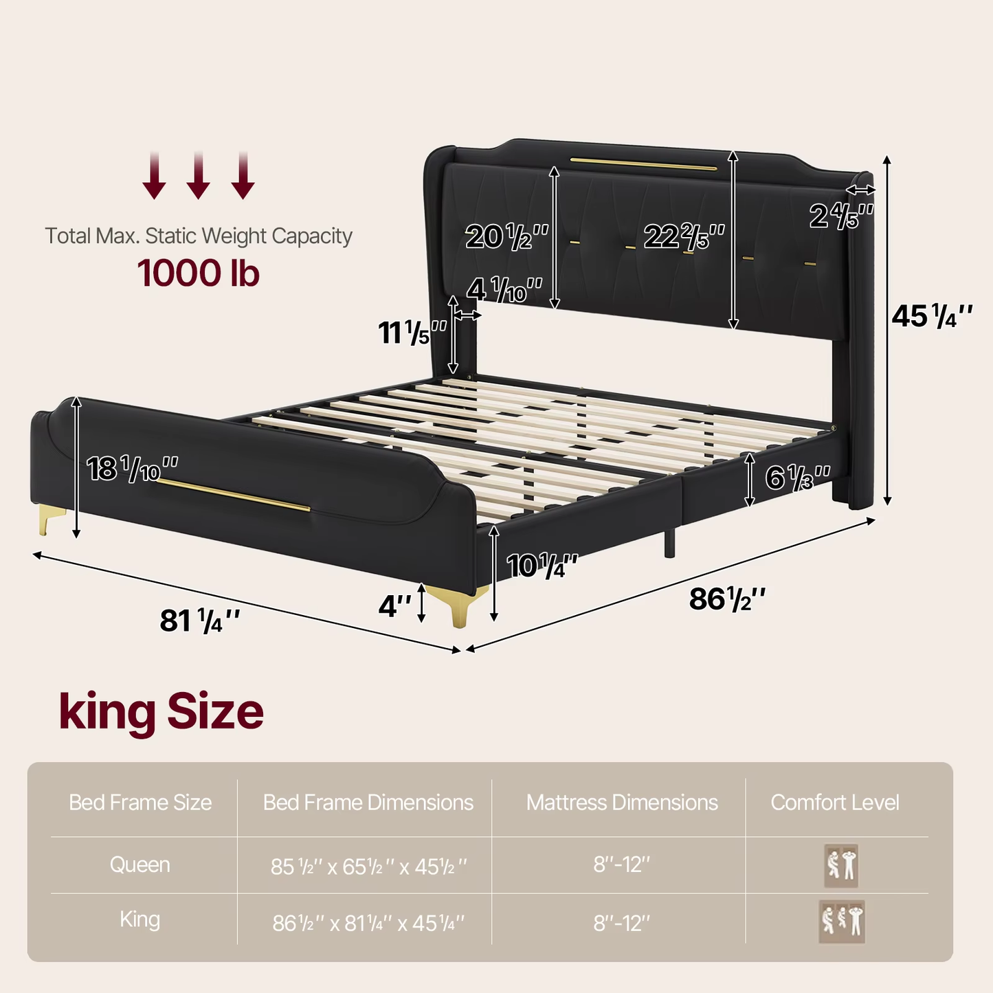 Queen Size Faux Leather Upholstered Platform Bed Frame, Modern Bed with Golden Iron Metal Decor, Metal Legs & Solid Wood Slats Support, No Box Spring Needed