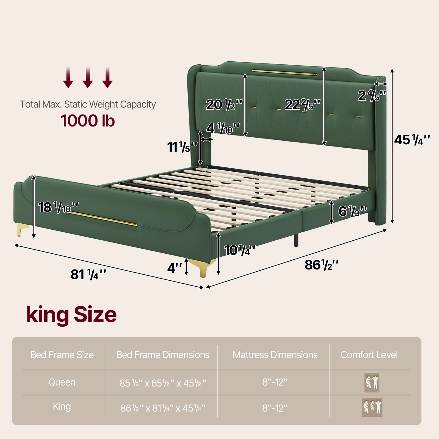 Queen Size Faux Leather Upholstered Platform Bed Frame, Modern Bed with Golden Iron Metal Decor, Metal Legs & Solid Wood Slats Support, No Box Spring Needed