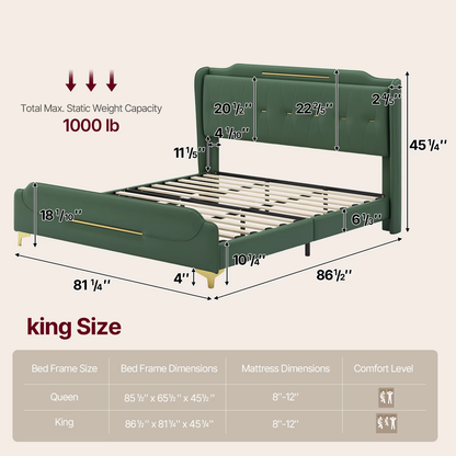 Queen Size Faux Leather Upholstered Platform Bed Frame, Modern Bed with Golden Iron Metal Decor, Metal Legs & Solid Wood Slats Support, No Box Spring Needed