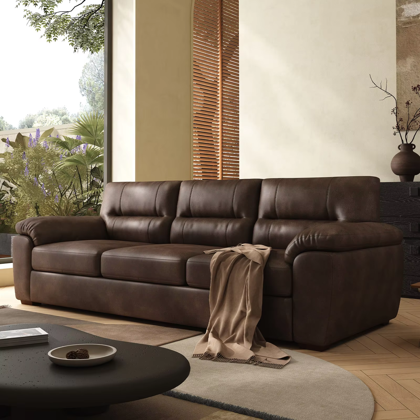air Leather Couch 82 inch for Living Room Three Seater Comfortable Sofa, Leather Sofa, Modern mid-Century Vintage Brown for Office Meeting Room Apartment