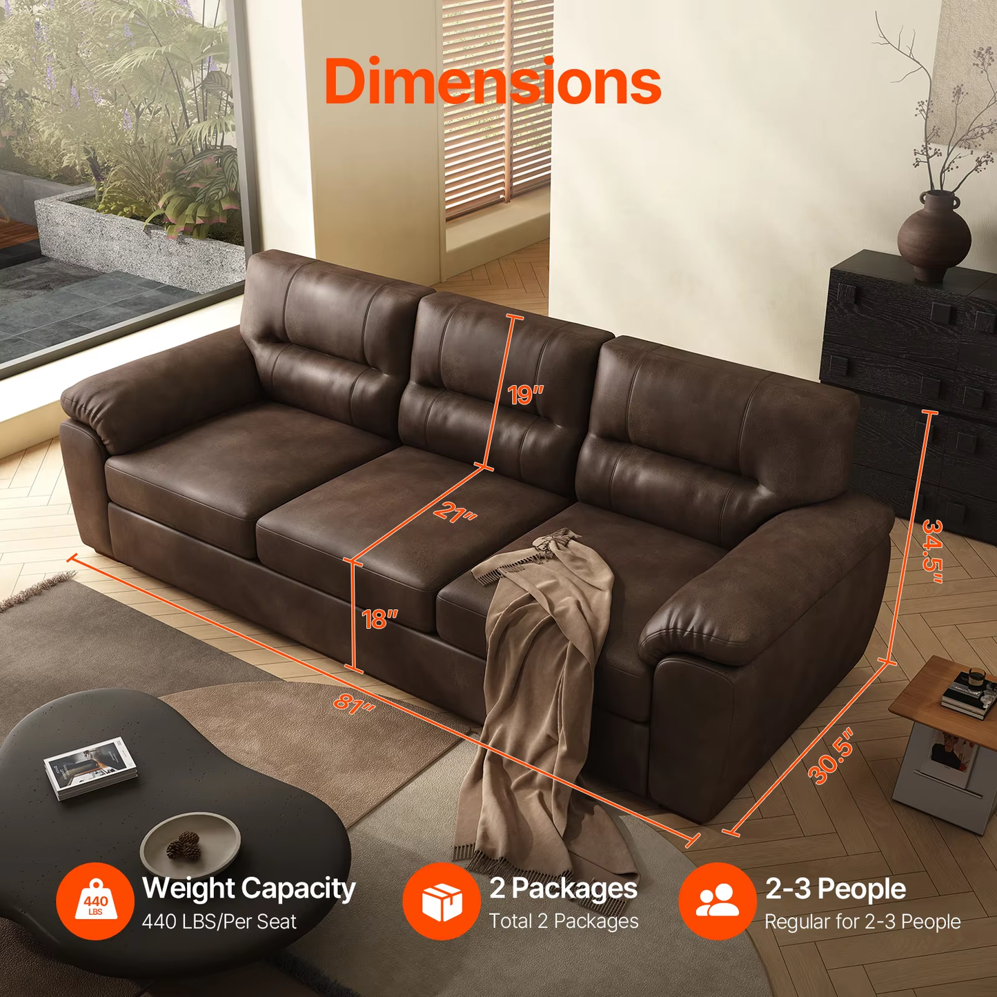 air Leather Couch 82 inch for Living Room Three Seater Comfortable Sofa, Leather Sofa, Modern mid-Century Vintage Brown for Office Meeting Room Apartment